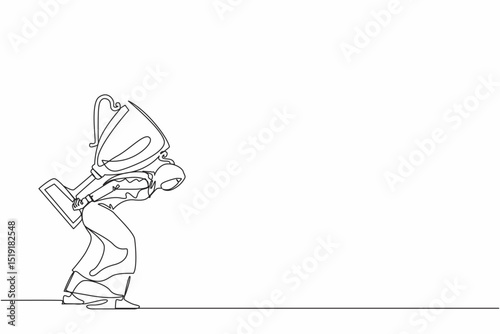 Continuous one line drawing heavy burden of victory business concept. Tired and disappointed Arabic businesswoman is carrying huge golden trophy on back. Single line design vector graphic illustration