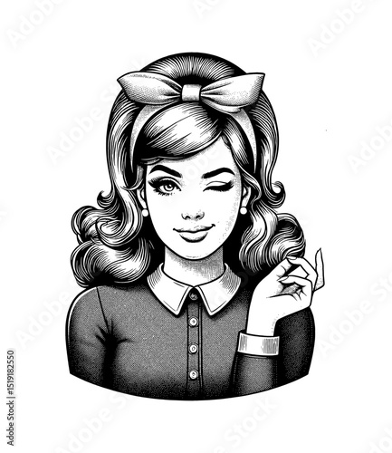 Attractive Caucasian Woman Winking with Finger Up in Vintage Engraving Pinup Style Illustration