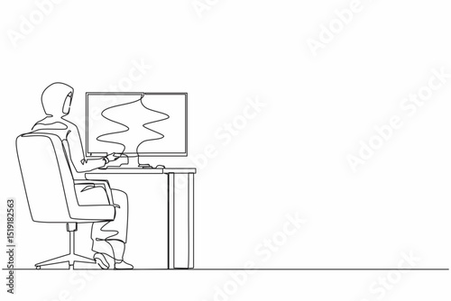 Single one line drawing back view Arab businesswoman works on computer. Woman sitting on chair behind office desk. Business person working on monitor screen. Continuous line draw design graphic vector