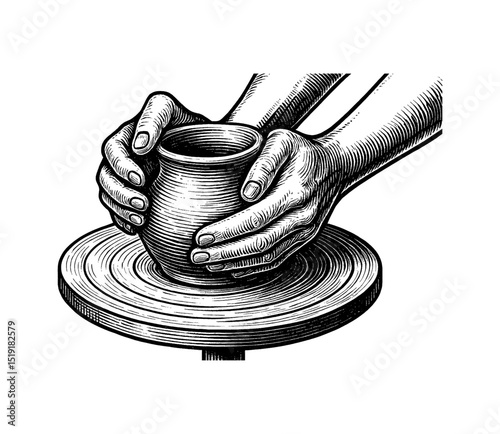 Hands Forming Clay Pot on Pottery Wheel in Engraved Style Black and White Detailed Illustration
