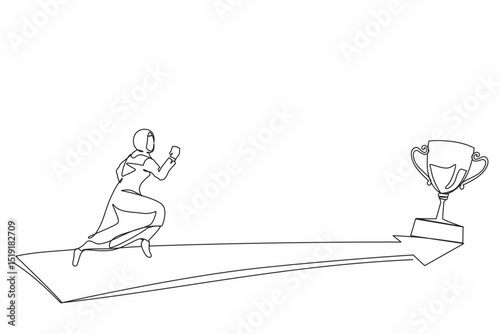 Single one line drawing side view Arabian businesswoman running to golden trophy. Business direction and mission vision. Goal, success, development, victory. Continuous line draw design graphic vector
