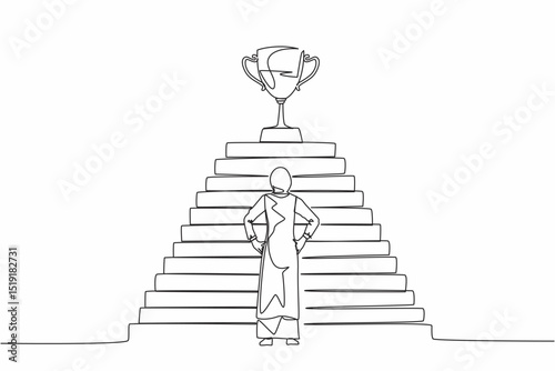 Continuous one line drawing Arabian businesswoman standing in front of staircase with trophy cup on the top. Path to success, goal, business vision. Single line draw design vector graphic illustration