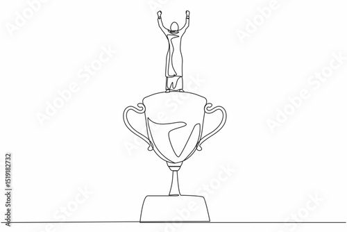 Single one line drawing back view Arabian businesswoman stand above trophy. Business metaphor of success and appreciation. Female celebrating her business award. Continuous line design graphic vector