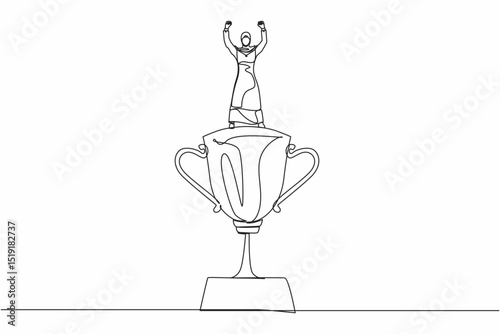 Continuous one line drawing Arab businesswoman raised hands and standing above trophy. Female celebrating her business award. Business metaphor of success, appreciation. Single line draw design vector