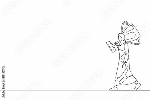 Continuous one line drawing Arabian businesswoman carry big trophy cup for winner as symbol of victory. Business concept of success and competition. Single line draw design vector graphic illustration