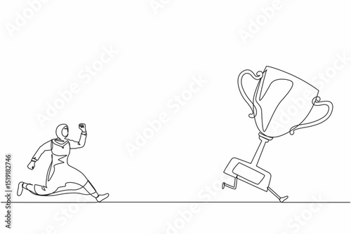 Single one line drawing Arab businesswoman trying to catch trophy. Female running and chasing after run away winner cup. Business challenge metaphor. Continuous line design graphic vector illustration