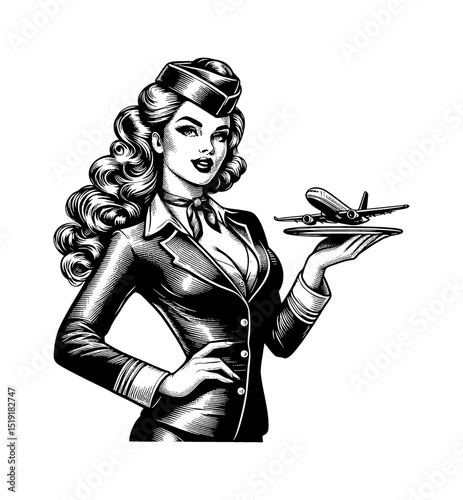 Glamorous Air Hostess Pinup Holding Airplane on Serving Tray in Vintage Engraving Style