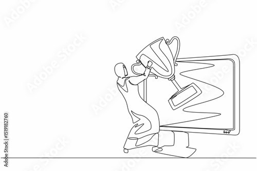 Single continuous line drawing Arabic businesswoman pulls out trophy cup from computer screen. Working on award winning project, freelance job, online work, winner. One line draw graphic design vector
