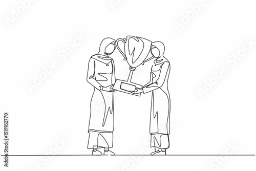 Continuous one line drawing Arabian businesswoman winner getting first prize. Girl giving golden cup to businesswoman. Winning, leadership, achievement concept. Single line draw design vector graphic