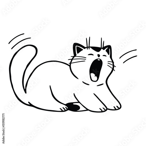 A cartoon cat lying down with its mouth open and eyes closed, yawning with motion lines around it