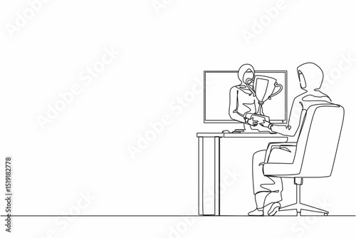Single continuous line drawing beautiful Arabian businesswoman holds out golden cup from monitor to a happy office worker. Award in the online contest. One line draw graphic design vector illustration