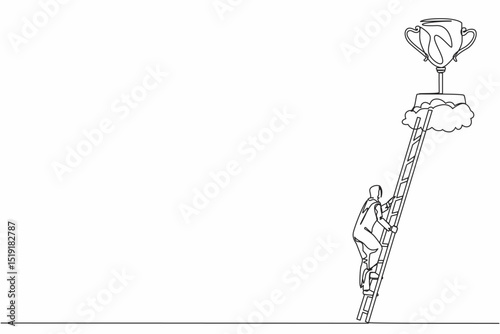 Single continuous line drawing Arab businesswoman climb to trophy over clouds. Female climbing ladder to success. Motivation concept to be successful. One line draw graphic design vector illustration