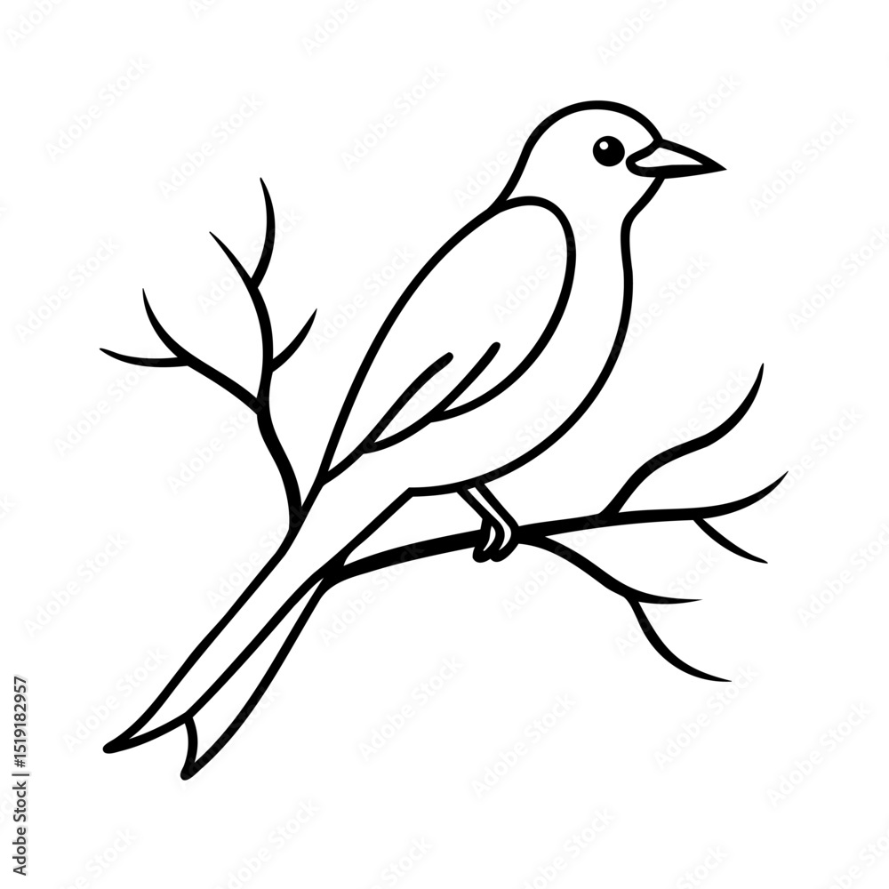 Obraz premium Simple black and white illustration of a songbird perched on a branch