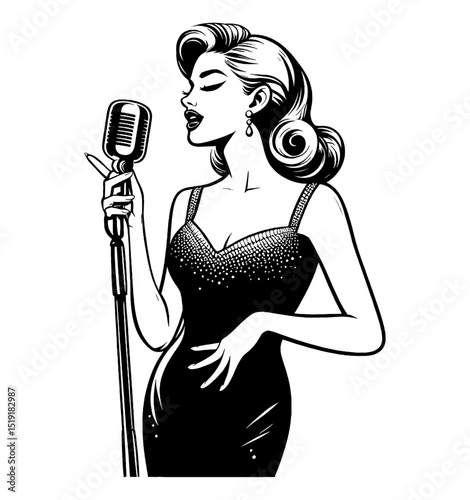 Elegant Caucasian woman singing into retro microphone in black dress line art drawing