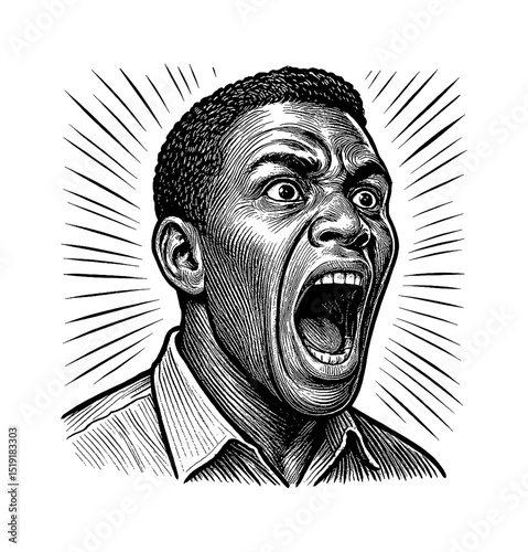 African American Man Shouting Loudly with Angry Expression in Detailed Engraving Style