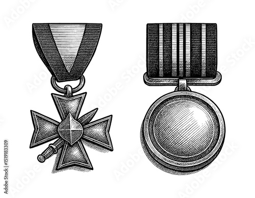 Illustration of Two Medals, a Cross and a Round Medal with Striped Ribbons, Engraved Style