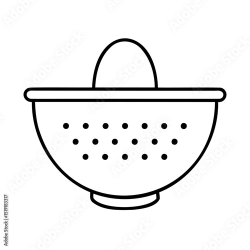 Simple outline illustration of a colander kitchen utensil with handle in black and white