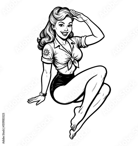 Pinup Woman Smiling and Saluting Wearing Tied Shirt with Sun Tattoo in Black and White Drawing
