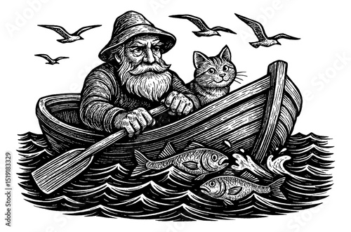 Old Man Rowing Boat with Cat, Fish, and Seagulls in Woodcut Style Illustration