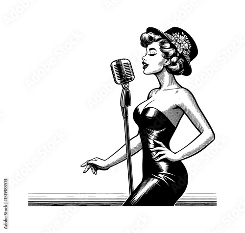 Retro Singer Woman in Dress Singing into Microphone with Hat in Engraving Black and White