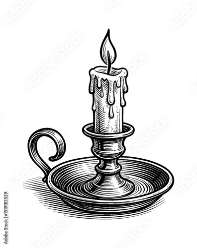 Engraved Candle with Flame on Candlestick in Detailed Black and White Vintage Style Vector