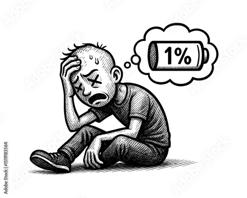 Man sitting down with exhausted face and thinking about low battery in black and white