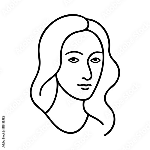 Elegant line drawing of a woman's face with flowing hair in simple black and white