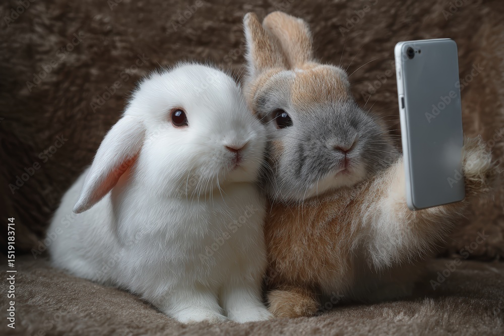Obraz premium Adorable pet rabbits taking a playful selfie, showcasing cute bunny expressions with fluffy fur textures for heartwarming animal photography enthusiasts and pet lovers