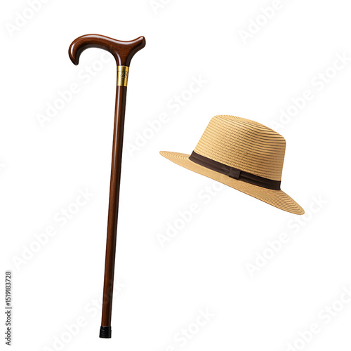 Elegant Wooden Walking Stick with Gold Accent and Classic Straw Fedora