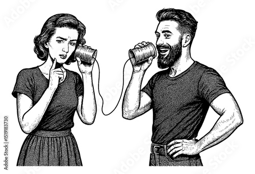 People Communicating with Tin Can Phones in Black and White Engraving Style