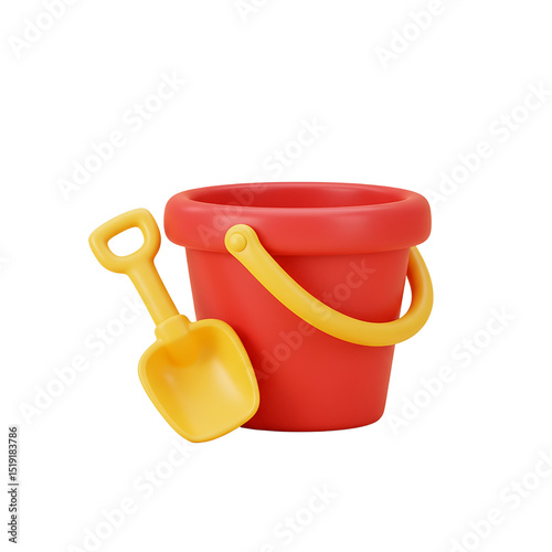 Red Plastic Bucket with Yellow Handle and Shovel for Playful Beach Adventures