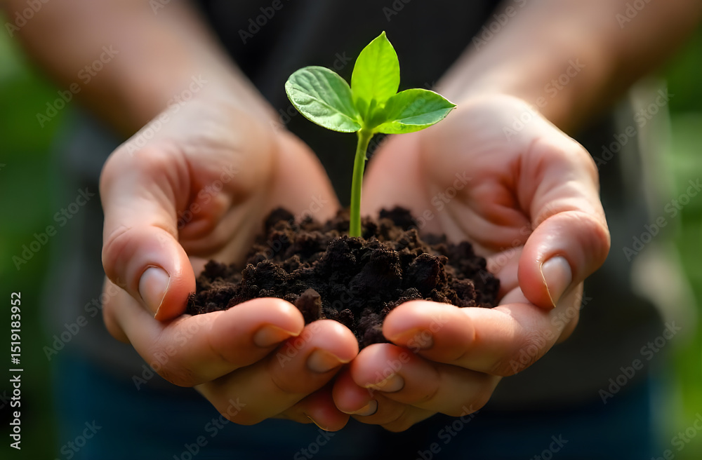 A sprout in the hands in a handful of earth close up view A sprout in the hands in a handful of earth close up view
