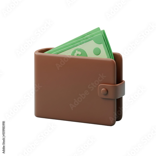 Cartoonish Brown Wallet with Green Money Bills Sticking Out