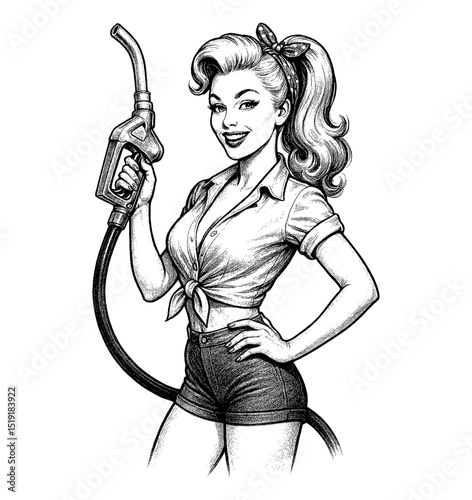 Smiling Pinup Woman Holding Fuel Nozzle with Curly Hair and Headband in Detailed Engraving Art