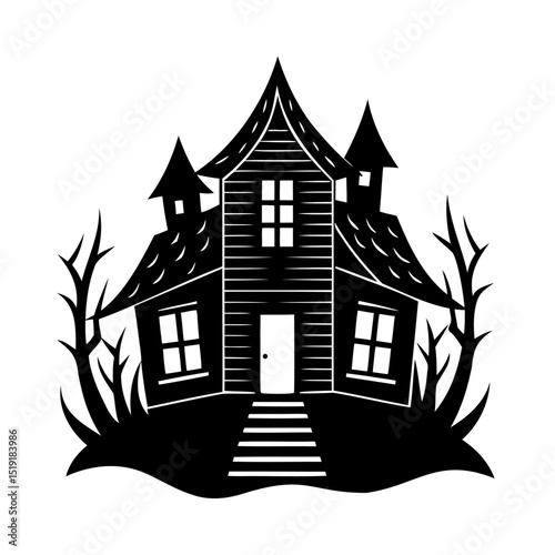 Spooky silhouette of a haunted house with creepy trees perfect for halloween design