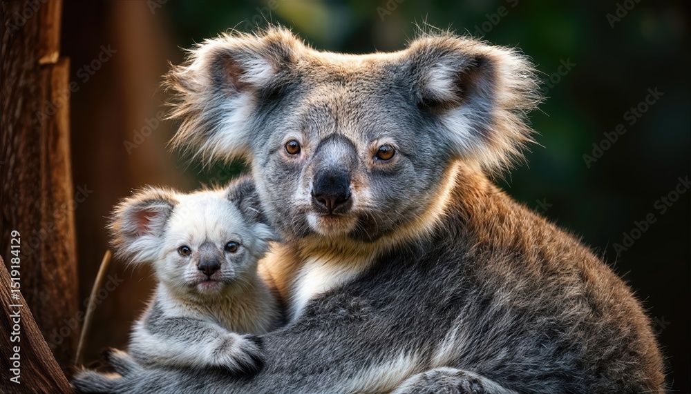 Fototapeta premium Adorable Australian Koalas Grazing under a Spectacular Sunset Sky, Mother Cradles Her Baby in a Moment of Love and Tranquility amidst the Rich Tones of an Australian Landscape.