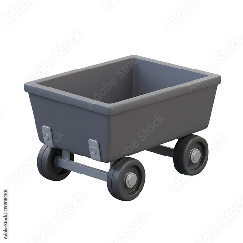 Gray Minecart with Four Wheels and Metal Brackets, Front Three-Quarters View