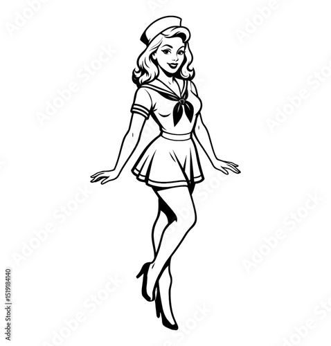 Smiling Caucasian Woman Posing in Sailor Outfit, Retro Pinup Style Black and White Illustration