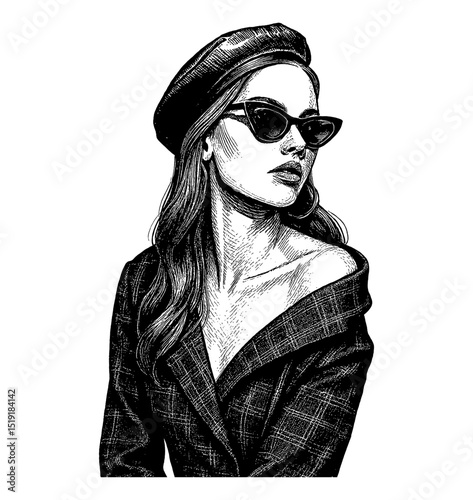 Elegant Woman in Beret and Sunglasses with Serious Expression in Detailed Engraving Style