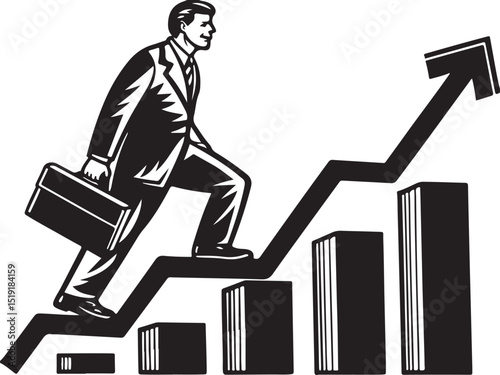 Running businessman silhouette on a ladder, a vector illustration of a person working towards success at a computer in an office setting