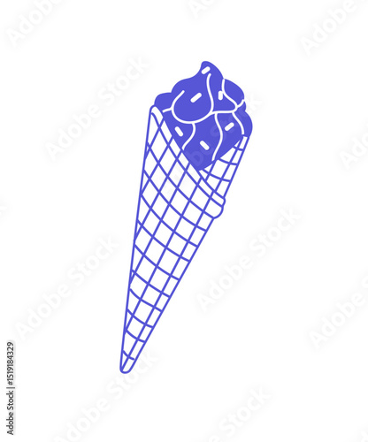 Blue icon of ice cream in wafer cone. Icecream, gelato, ball of sorbet with waffle. Frozen dessert, cold summer food, sweet milk eating. Flat isolated outline vector illustration on white background
