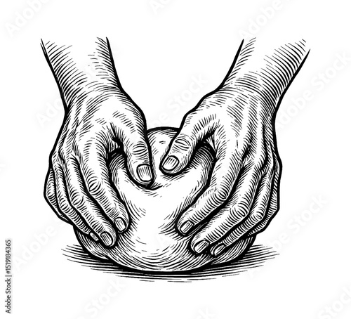 Hands kneading dough in detailed monochrome engraved etching style, preparing food for baking