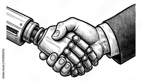 Robot and Human Handshake Partnership Agreement in Black and White Engraving Style