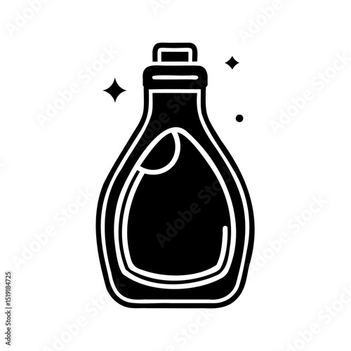 Black and white icon depicting a bottle of cleaning solution with sparkle effects