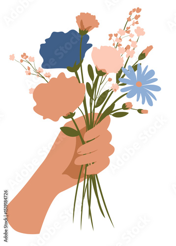 Elegant Hand Holding a Vibrant Bouquet of Flowers A Beautiful Floral Illustration