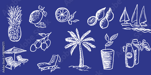 Hand-Drawn Summer Vacation Illustrations Tropical Fruits, Beach, and Sailboats