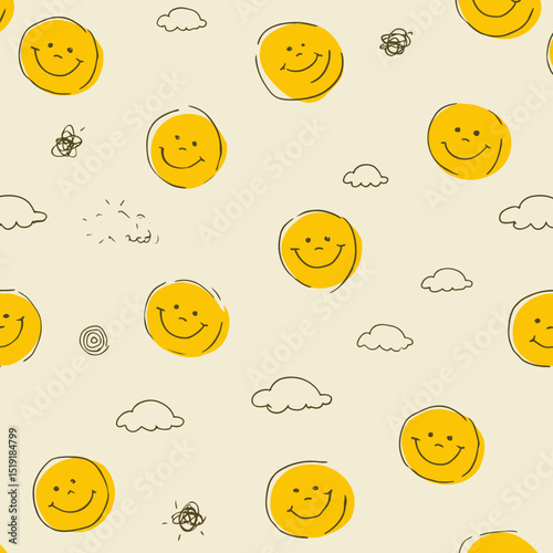 Joyful Childish Seamless Pattern with Smiling Faces and Clouds