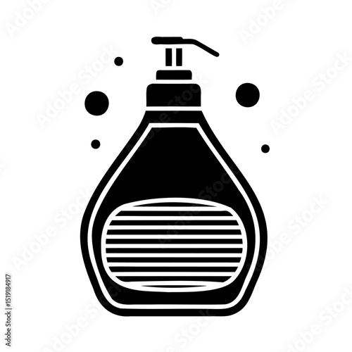 Minimalist black soap dispenser design with bubbles on a clean white background