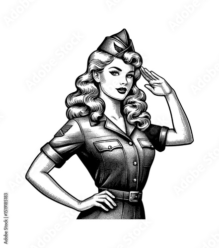 Beautiful Caucasian Woman in Military Uniform Saluting with Wavy Hair in Engrave Style Art