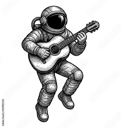 Astronaut in Spacesuit Playing Guitar Floating in Space Black and White Detailed Engraving